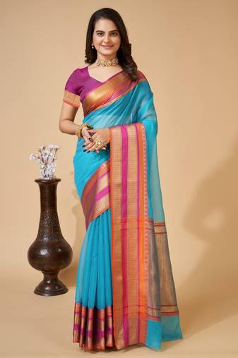 Sky Blue Ethnic Zari Woven Traditional Looking Girlish Saree