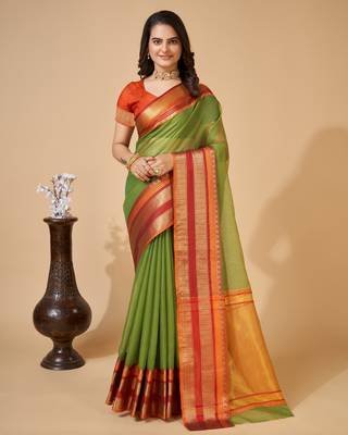 Green Ethnic Zari Woven Traditional Looking Girlish Saree 1