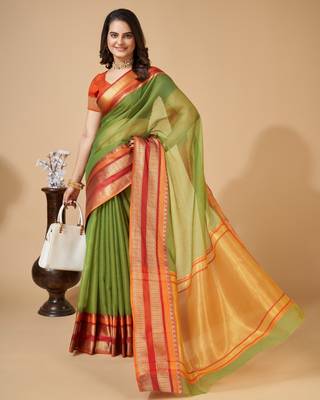 Green Ethnic Zari Woven Traditional Looking Girlish Saree 4