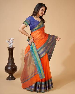 Orange Ethnic Zari Woven Traditional Looking Girlish Saree 4