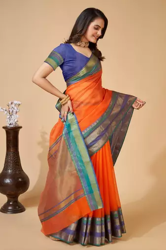 Orange Ethnic Zari Woven Traditional Looking Girlish Saree