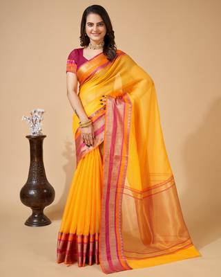 Yellow Ethnic Zari Woven Traditional Looking Girlish Saree 1