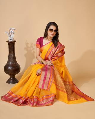 Yellow Ethnic Zari Woven Traditional Looking Girlish Saree 4