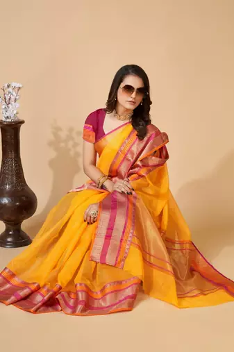 Yellow Ethnic Zari Woven Traditional Looking Girlish Saree