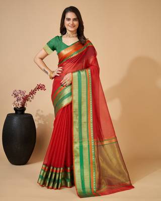 Red Ethnic Zari Woven Traditional Looking Girlish Saree 1