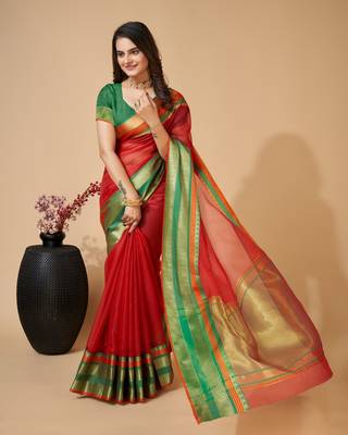 Red Ethnic Zari Woven Traditional Looking Girlish Saree 2