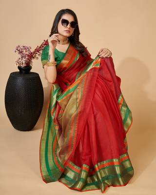 Red Ethnic Zari Woven Traditional Looking Girlish Saree 4