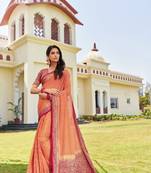  Peach Georgette Zari Woven Fancy Partywear Saree