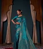 Partywear Teal Blue Ethnic Satin Silk Zari Woven Saree