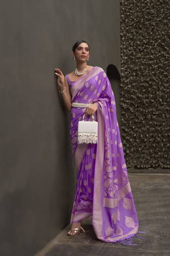 Kimisha women's purple silk woven saree with unstitched blouse piece