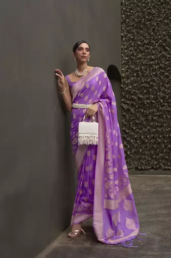 Kimisha women's purple silk woven saree with unstitched blouse piece