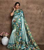 Blue Elegant Floral Print Tusser Silk Festive Wear Saree