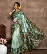 Green Elegant Floral Print Tusser Silk Festive Wear Saree