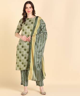 Women's Multicolor Printed Cotton Kurti With Pant and Dupatta Set 1