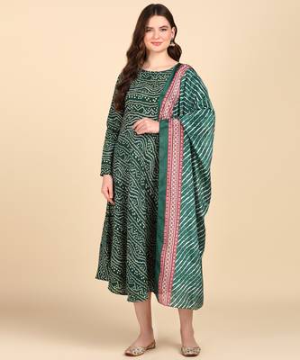 Women's Green Printed Cotton Kurti With Foil Printed Dupatta Set 1