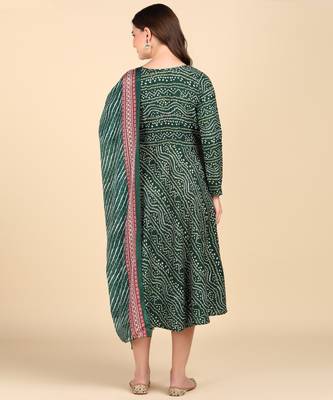 Women's Green Printed Cotton Kurti With Foil Printed Dupatta Set 2
