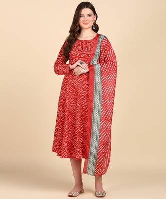 Women's Red Printed Cotton Kurti With Foil Printed Dupatta Set 1