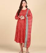 Women's Red Printed Cotton Kurti With Foil Printed Dupatta Set