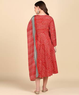 Women's Red Printed Cotton Kurti With Foil Printed Dupatta Set 2