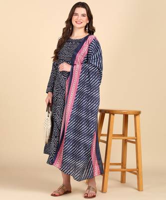Women's Navy Blue Printed Cotton Kurti With Foil Printed Dupatta Set 1