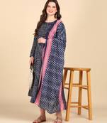 Women's Navy Blue Printed Cotton Kurti With Foil Printed Dupatta Set