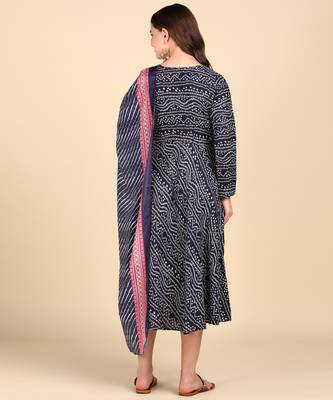 Women's Navy Blue Printed Cotton Kurti With Foil Printed Dupatta Set 2