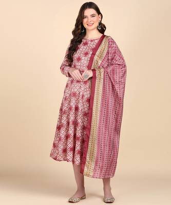 Women's Peach Printed Cotton Kurti With Foil Printed Dupatta Set 1