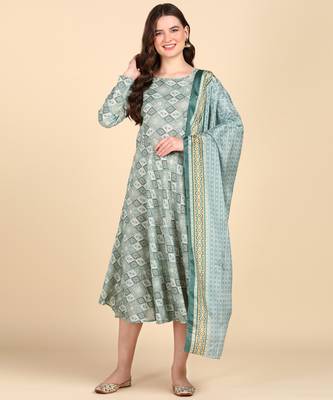 Women's Multicolor Printed Cotton Kurti With Foil Printed Dupatta Set 1