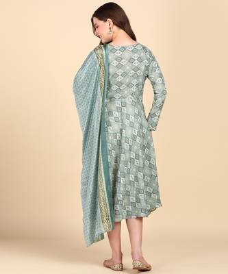 Women's Multicolor Printed Cotton Kurti With Foil Printed Dupatta Set 2