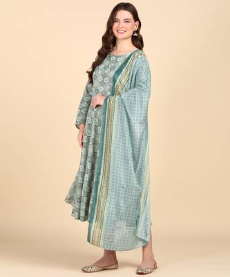 Women's Multicolor Printed Cotton Kurti With Foil Printed Dupatta Set 3