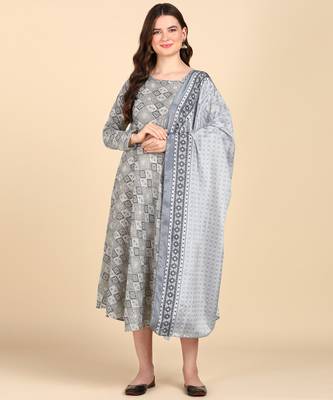 Women's Grey Printed Cotton Kurti With Foil Printed Dupatta Set 1