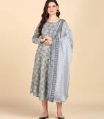 Women's Grey Printed Cotton Kurti With Foil Printed Dupatta Set