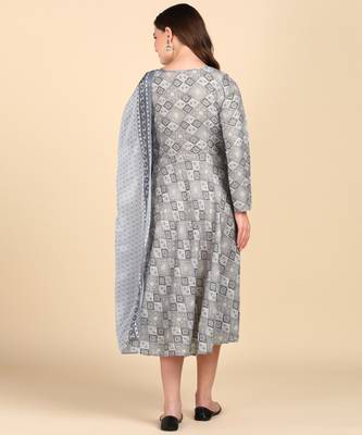 Women's Grey Printed Cotton Kurti With Foil Printed Dupatta Set 2