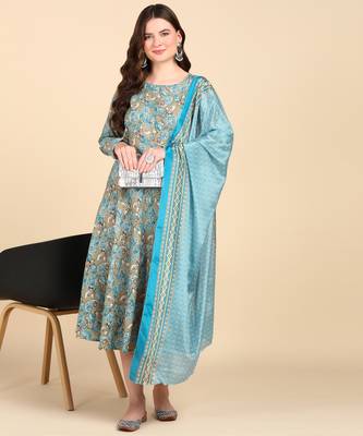 Women's Multicolor Printed Cotton Kurti With Foil Printed Dupatta Set 1