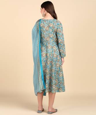 Women's Multicolor Printed Cotton Kurti With Foil Printed Dupatta Set 2
