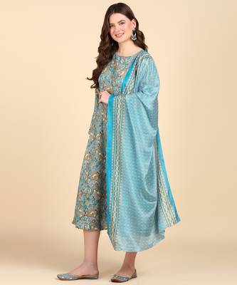 Women's Multicolor Printed Cotton Kurti With Foil Printed Dupatta Set 3