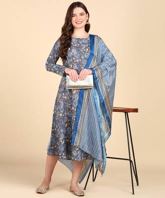 Women's Blue Printed Cotton Kurti With Foil Printed Dupatta Set 1