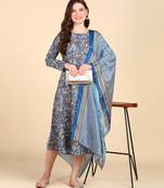 Women's Blue Printed Cotton Kurti With Foil Printed Dupatta Set