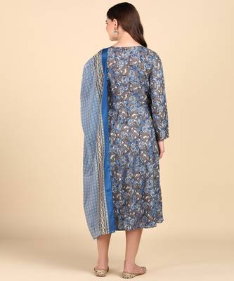 Women's Blue Printed Cotton Kurti With Foil Printed Dupatta Set 2