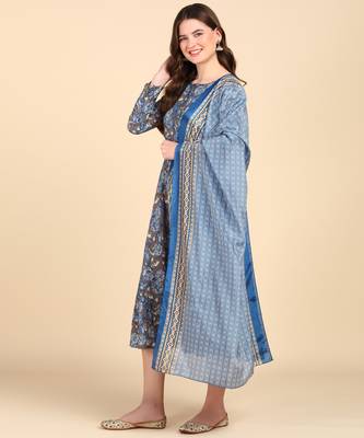 Women's Blue Printed Cotton Kurti With Foil Printed Dupatta Set 3
