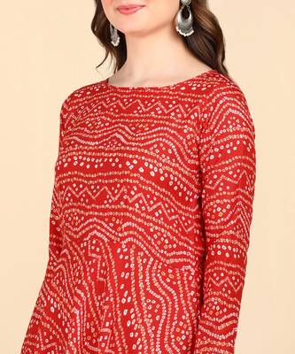 Red Printed Cotton Round Kurta 4