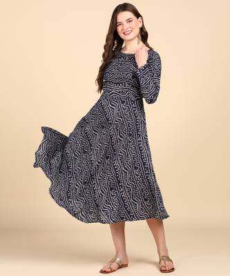 Navy Blue Printed Cotton Round Kurta 1