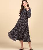 Navy Blue Printed Cotton Round Kurta
