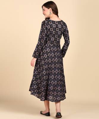 Navy Blue Printed Cotton Round Kurta 2