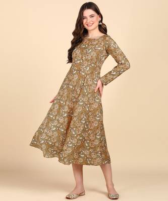 Mustard Printed Cotton Round Kurta 1