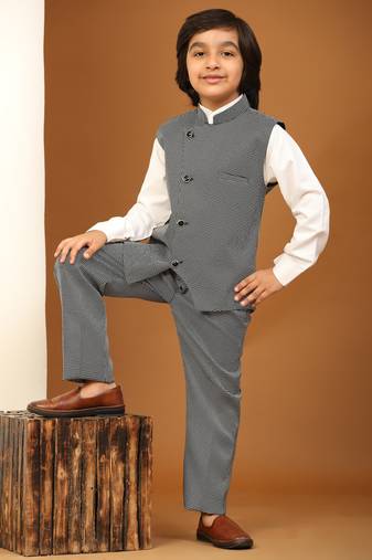 Black Checkered Cotton 3 Piece Suit Set for Boys Party,Wedding Outfits