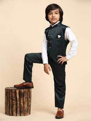 Dark Green Plain Cotton 3 Piece Suit Set for Boys 1