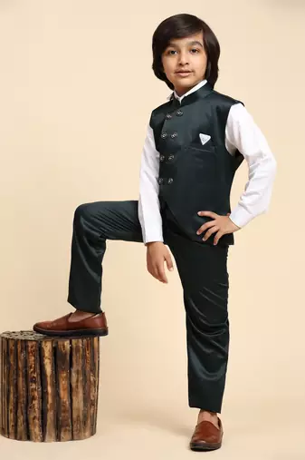 Dark Green Plain Cotton 3 Piece Suit Set for Boys