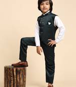 Dark Green Plain Cotton 3 Piece Suit Set for Boys