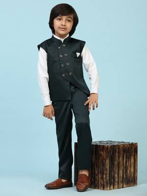 Dark Green Plain Cotton 3 Piece Suit Set for Boys 2